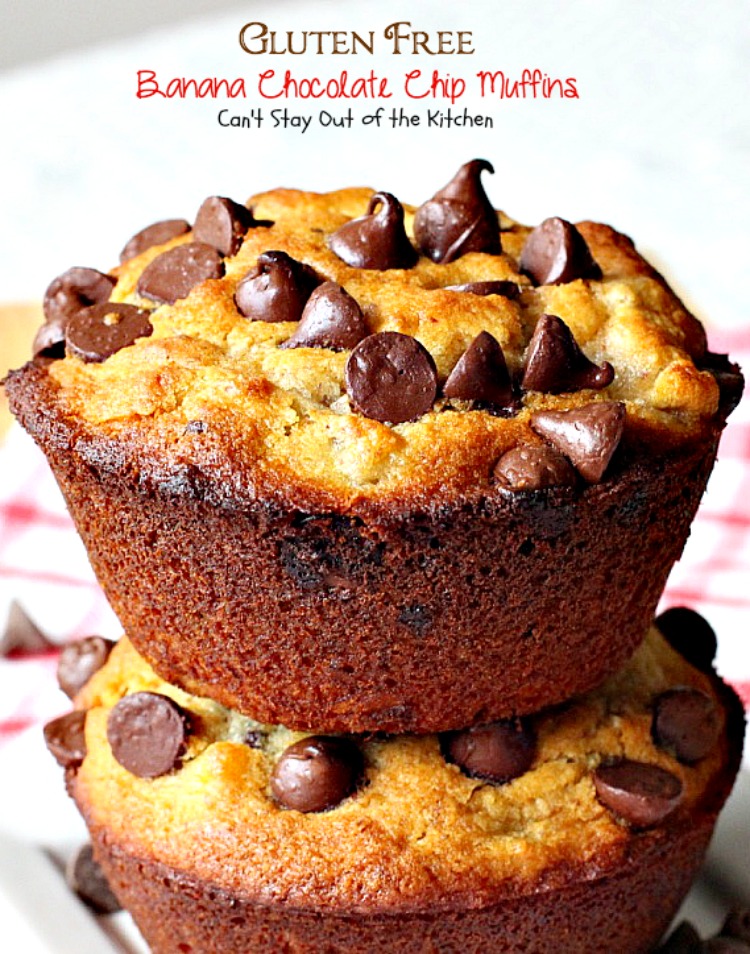 Gluten Free Banana Chocolate Chip Muffins | Can't Stay Out of the Kitchen | wow your company with these sensational #muffins for your next #holiday #breakfast. This #glutenfree version of a family favorite is amazing. #chocolate #bananas