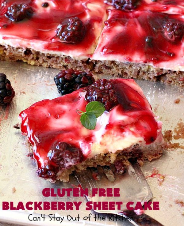 Gluten Free Blackberry Sheet Cake | Can't Stay Out of the Kitchen | your family will never believe this spectacular #cake is #GlutenFree! It's made with #BlackberryPieFilling & has a #CreamCheese icing to die for. Great for the #holidays. #dessert #SheetCake #HolidayDessert #GlutenFreeBlackberrySheetCakeGluten Free Blackberry Sheet Cake | Can't Stay Out of the Kitchen | your family will never believe this spectacular #cake is #GlutenFree! It's made with #BlackberryPieFilling & has a #CreamCheese icing to die for. Great for the #holidays. #dessert #SheetCake #HolidayDessert #GlutenFreeBlackberrySheetCake