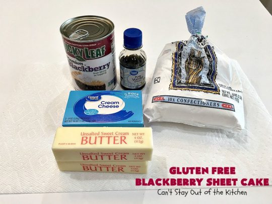 Gluten Free Blackberry Sheet Cake | Can't Stay Out of the Kitchen | your family will never believe this spectacular #cake is #GlutenFree! It's made with #BlackberryPieFilling & has a #CreamCheese icing to die for. Great for the #holidays. #dessert #SheetCake #HolidayDessert #GlutenFreeBlackberrySheetCake