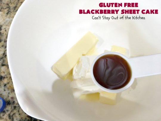 Gluten Free Blackberry Sheet Cake | Can't Stay Out of the Kitchen | your family will never believe this spectacular #cake is #GlutenFree! It's made with #BlackberryPieFilling & has a #CreamCheese icing to die for. Great for the #holidays. #dessert #SheetCake #HolidayDessert #GlutenFreeBlackberrySheetCake