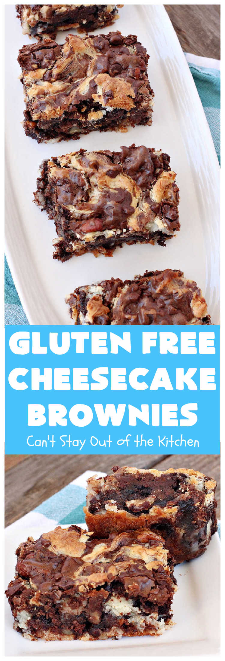 Gluten Free Cheesecake Brownies | Can't Stay Out of the Kitchen | these luscious #brownies have a #cheesecake layer swirled into the batter. They're rich, decadent & divine! On top of that, they're #GlutenFree so you can share them with anyone with gluten intolerance. #dessert #cookie #holiday #HolidayDessert #ChocolateDessert #CheesecakeDessert #coconut #GlutenFreeCheesecakeBrownies