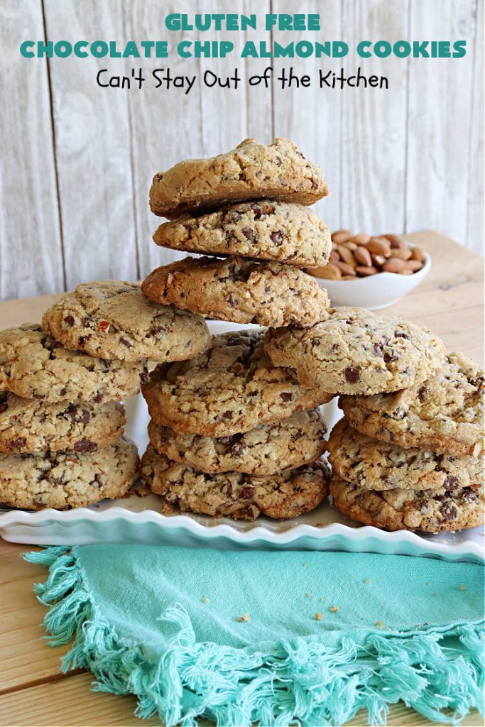 Gluten Free Chocolate Chip Almond Cookies | Can't Stay Out of the Kitchen | You'll never be able to tell these are #GlutenFree #cookies! They're filled with #almonds & #ChocolateChips & made with #Krusteaz GF flour. Excellent for #tailgating, potlucks, #HolidayBaking or a #ChristmasCookieExchange. #holiday #chocolate #dessert #GlutenFreeDessert #GlutenFreeChocolateChipAlmondCookies