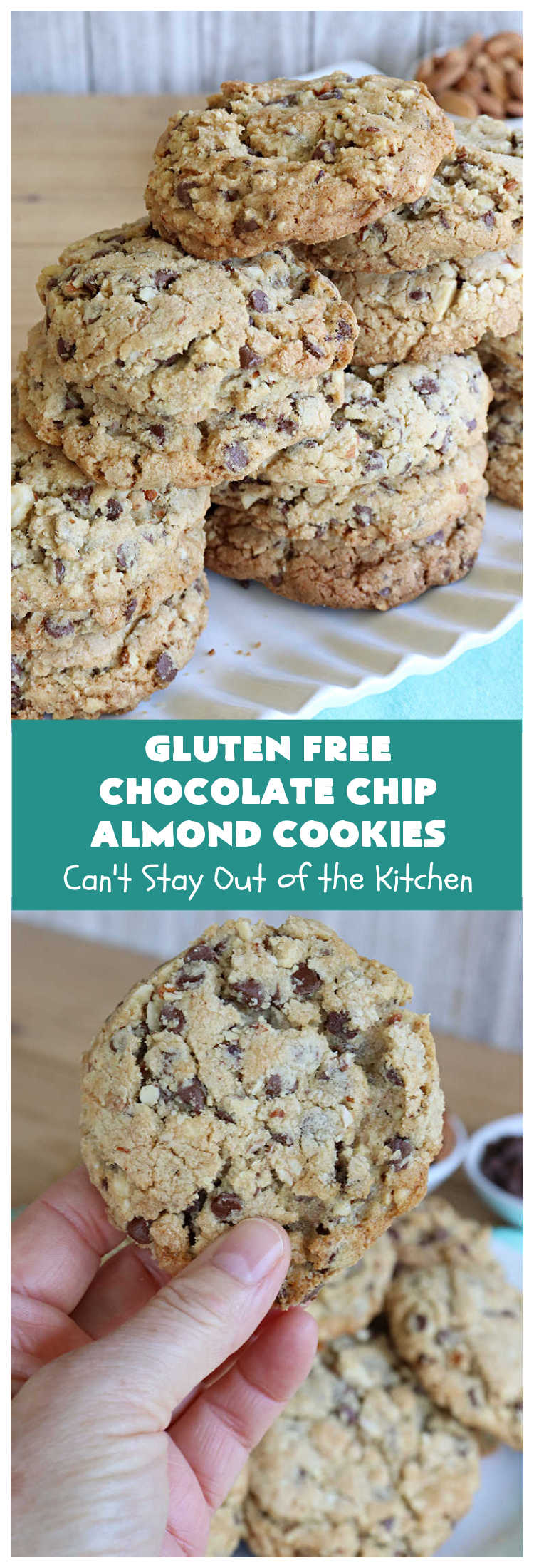 Gluten Free Chocolate Chip Almond Cookies | Can't Stay Out of the Kitchen | You'll never be able to tell these are #GlutenFree #cookies! They're filled with #almonds & #ChocolateChips & made with #Krusteaz GF flour. Excellent for #tailgating, potlucks, #HolidayBaking or a #ChristmasCookieExchange. #holiday #chocolate #dessert #GlutenFreeDessert #GlutenFreeChocolateChipAlmondCookies Gluten Free Chocolate Chip Almond Cookies | Can't Stay Out of the Kitchen | You'll never be able to tell these are #GlutenFree #cookies! They're filled with #almonds & #ChocolateChips & made with #Krusteaz GF flour. Excellent for #tailgating, potlucks, #HolidayBaking or a #ChristmasCookieExchange. #holiday #chocolate #dessert #GlutenFreeDessert #GlutenFreeChocolateChipAlmondCookies