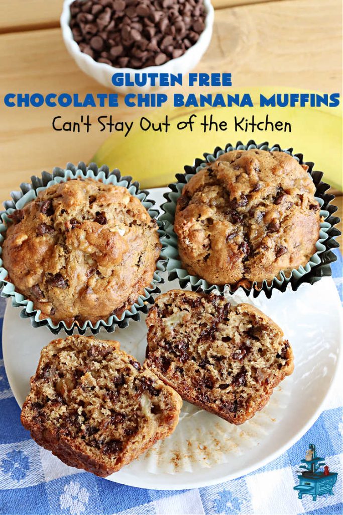 Gluten Free Chocolate Chip Banana Muffins | Can't Stay Out of the Kitchen | You'll never believe you're eating #GlutenFree #muffins with this #recipe! These #BreakfastMuffins have great texture & taste. In fact, they're so drool-worthy you'll be swooning from the first bite. #walnuts #cinnamon #bananas #chocolate #GlutenFreeFlour #ChocolateChips #holiday #breakfast #HolidayBreakfast #Thanksgiving #Christmas #NewYearsDay #GlutenFreeChocolateChipBananaMuffins