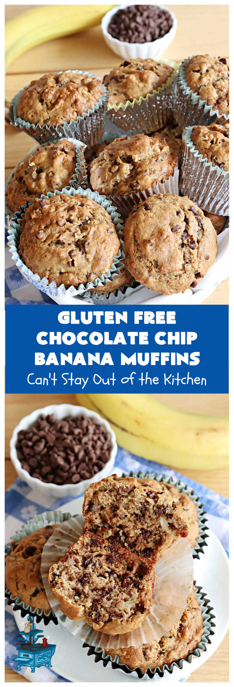 Gluten Free Chocolate Chip Banana Muffins | Can't Stay Out of the Kitchen | You'll never believe you're eating #GlutenFree #muffins with this #recipe! These #BreakfastMuffins have great texture & taste. In fact, they're so drool-worthy you'll be swooning from the first bite. #walnuts #cinnamon #bananas #chocolate #GlutenFreeFlour #ChocolateChips #holiday #breakfast #HolidayBreakfast #Thanksgiving #Christmas #NewYearsDay #GlutenFreeChocolateChipBananaMuffinsGluten Free Chocolate Chip Banana Muffins | Can't Stay Out of the Kitchen | You'll never believe you're eating #GlutenFree #muffins with this #recipe! These #BreakfastMuffins have great texture & taste. In fact, they're so drool-worthy you'll be swooning from the first bite. #walnuts #cinnamon #bananas #chocolate #GlutenFreeFlour #ChocolateChips #holiday #breakfast #HolidayBreakfast #Thanksgiving #Christmas #NewYearsDay #GlutenFreeChocolateChipBananaMuffins