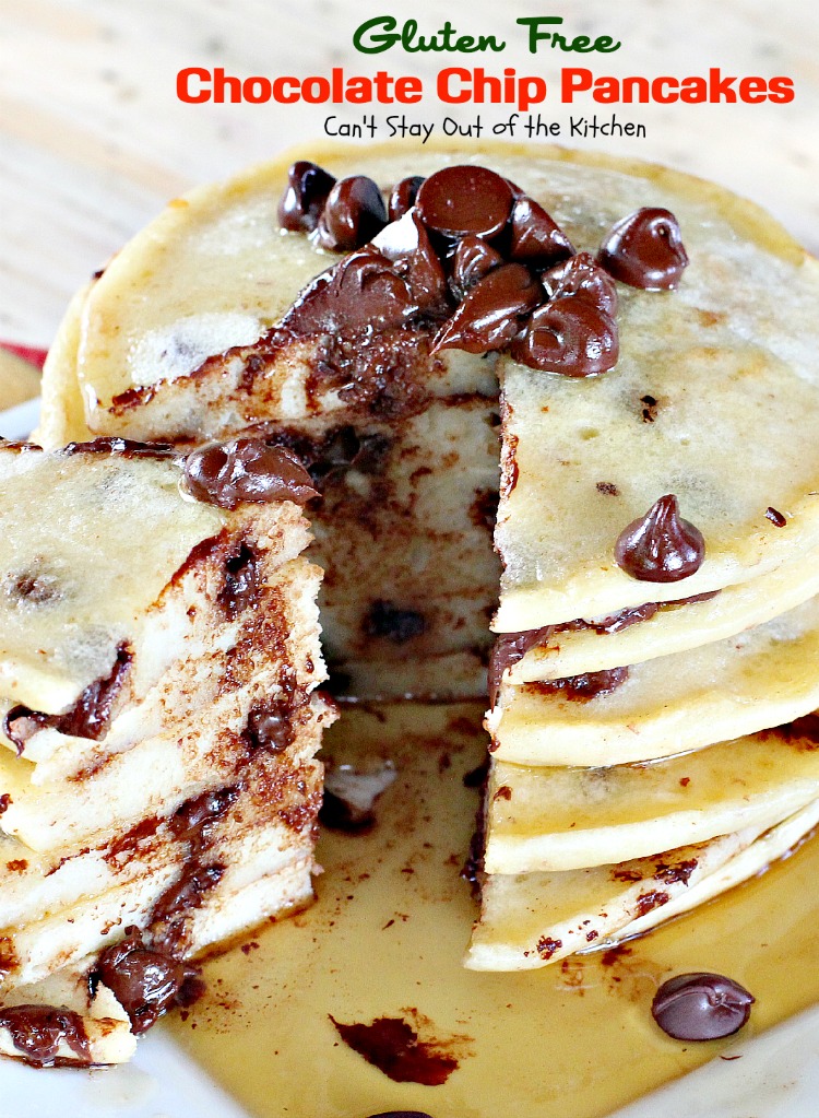 Gluten Free Chocolate Chip Pancakes | Can't Stay Out of the Kitchen | these luscious #pancakes are filled with #chocolatechips for amazing flavor. Great for #holiday #breakfasts. #glutenfree #chocolate