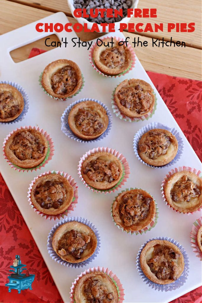 Gluten Free Chocolate Pecan Pies | Can't Stay Out of the Kitchen | these miniature #PecanPies are outstanding! They include miniature #chocolate chips to increase flavor & deliciousness. These fabulous #cookies can be made with #GlutenFree flour or regular flour--depending on your needs. Every bite will rock your world. Enjoy at #tailgating parties, potlucks or even #holiday #baking. #Christmas #PecanDessert #ChocolateDessert #GlutenFreeChocolatePecanPies