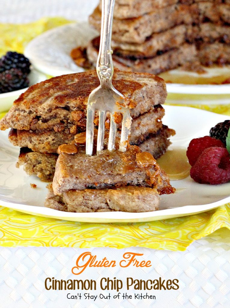 Gluten Free Cinnamon Chip Pancakes | Can't Stay Out of the Kitchen | these are reminiscent of eating #cinnamonrolls - they're a great #holiday #breakfast treat. #glutenfree