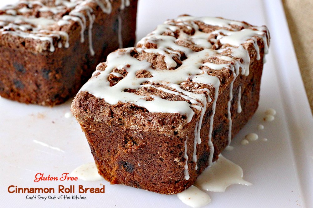 Gluten Free Cinnamon Roll Bread | Can't Stay Out of the Kitchen | awesome #bread that's reminiscent of eating #cinnamonrolls yet this one is #glutenfree! Great for a #holiday #breakfast. #pecans #cinnamonchips