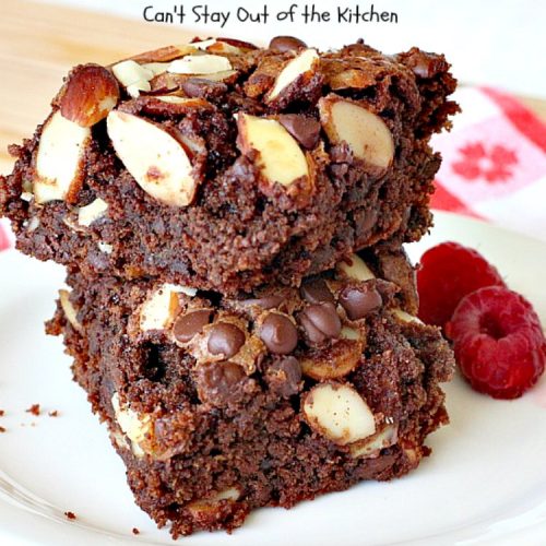 Gluten Free Fudgy Almond Brownies | Can't Stay Out of the Kitchen | these sensational yet healthy #brownies use #glutenfree flour, coconut sugar & a healthier #chocolatechip plus 90% #chooclate & #almonds in the batter. We loved them. #dessert