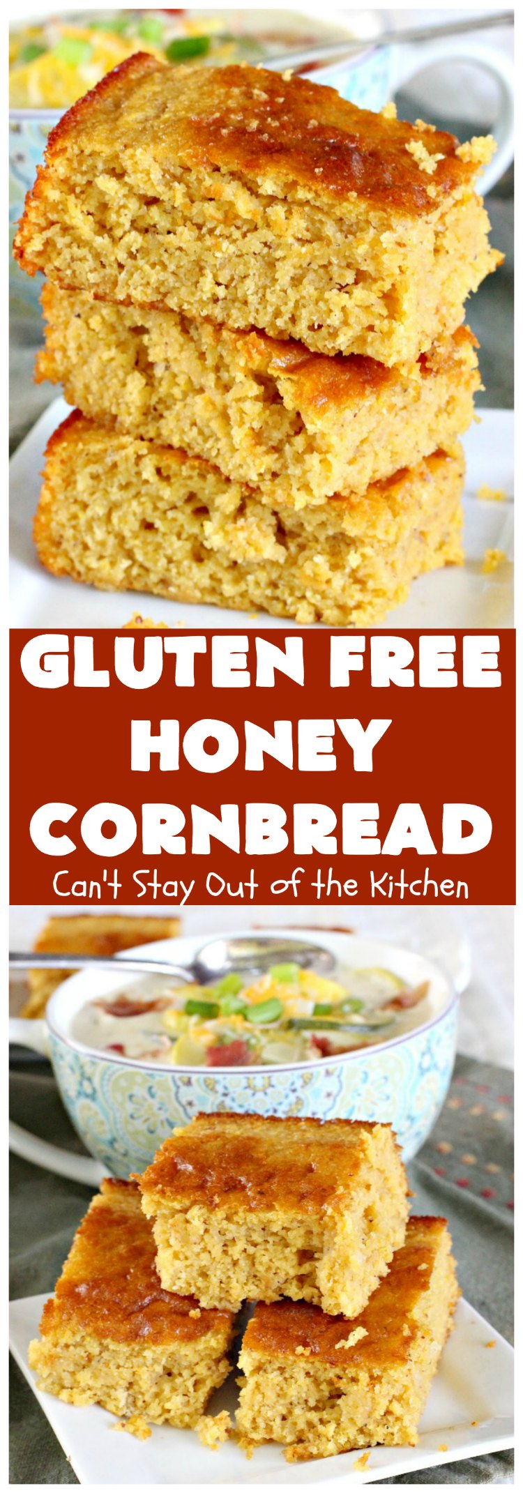 Gluten Free Honey Cornbread | Can't Stay Out of the Kitchen | This is my favorite #cornbread #recipe. I can eat the whole batch by myself! Terrific with soups, chili or any Tex-Mex entree. #GlutenFree #GlutenFreeHoneyCornbread