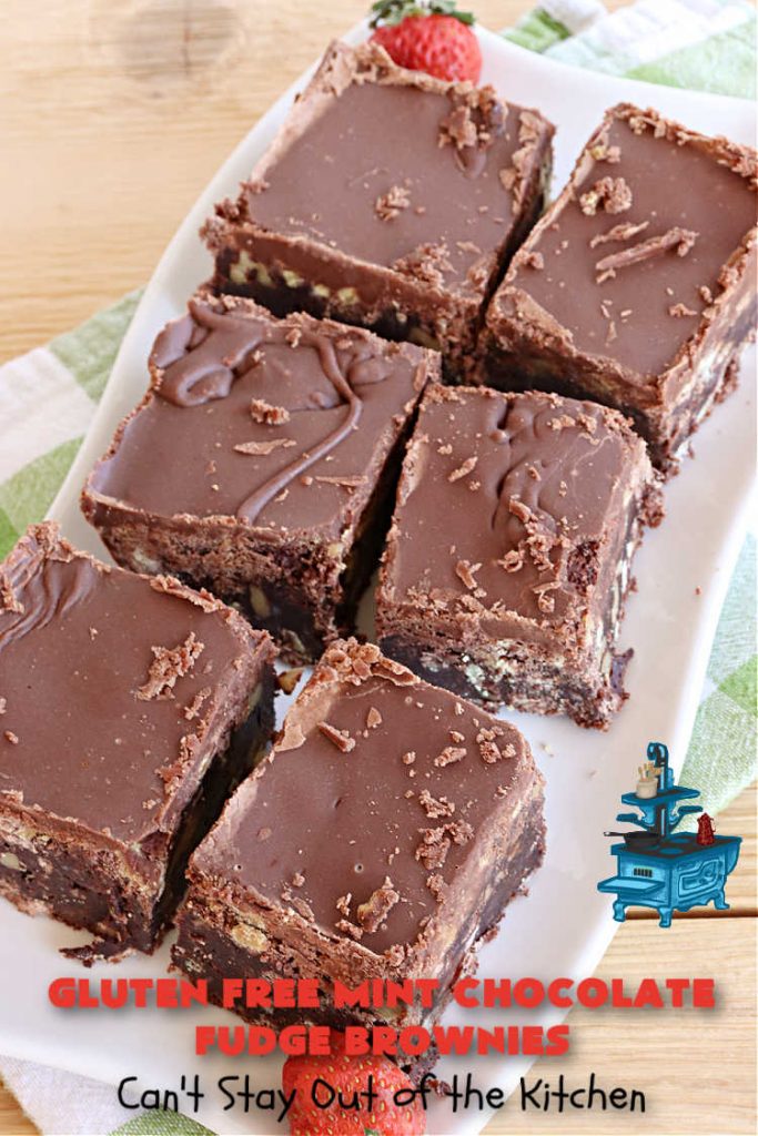 Gluten Free Mint Chocolate Fudge Brownies | Can't Stay Out of the Kitchen | these minty, #fudgy, #chocolaty #brownies are the ultimate in rich, decadent and heavenly! They're made with #Walmart's #MintFudgeFlavoredBakingChips. They are equally good using either regular or #GlutenFree flour. Perfect for #tailgating parties, potlucks, backyard BBQs or even #holiday #baking. #Mint #Chocolate #Fudge #dessert #FudgeDessert #ChocolateDessert #ChristmasCookieExchange #GlutenFreeMintChocolateFudgeBrownies