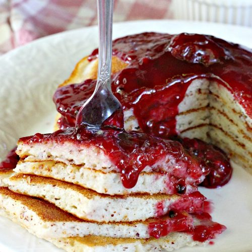 Gluten Free Pancakes with Blackberry Sauce | Can't Stay Out of the Kitchen