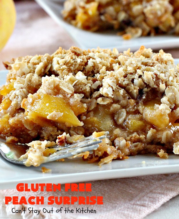 Gluten Free Peach Surprise | Can't Stay Out of the Kitchen | this fantastic #peach #dessert is absolutely spectacular. It uses gluten free flour & coconut oil so it's #glutenfree & #vegan. It's a terrific #recipe for summer #holidays, backyard barbecues & potlucks. Our company loved it! #hazelnuts