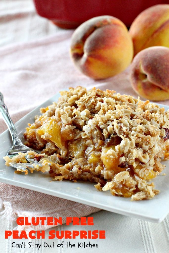 Gluten Free Peach Surprise | Can't Stay Out of the Kitchen | this fantastic #peach #dessert is absolutely spectacular. It uses gluten free flour & coconut oil so it's #glutenfree & #vegan. It's a terrific #recipe for summer #holidays, backyard barbecues & potlucks. Our company loved it! #hazelnuts