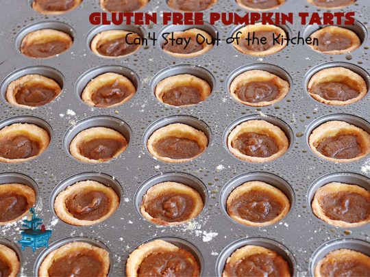 Gluten Free Pumpkin Tarts | Can't Stay Out of the Kitchen | these miniature #PumpkinPie tarts are a great treat for #FallBaking, #holiday parties or #Thanksgiving or #Christmas dinner. Every bite is like eating a tiny #pumpkin #pie. Plus, you can use #GlutenFree or regular flour. Both ways are fantastic. Great for #tailgating too. #dessert #GlutenFreePumpkinTarts #PumpkinDessert
