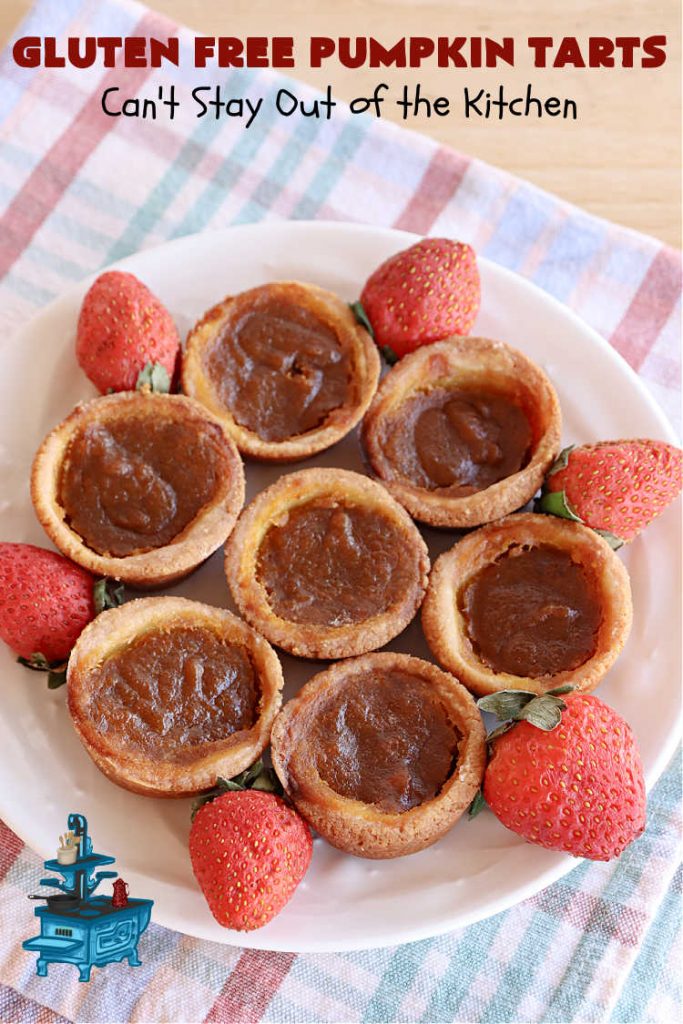 Gluten Free Pumpkin Tarts | Can't Stay Out of the Kitchen | these miniature #PumpkinPie tarts are a great treat for #FallBaking, #holiday parties or #Thanksgiving or #Christmas dinner. Every bite is like eating a tiny #pumpkin #pie. Plus, you can use #GlutenFree or regular flour. Both ways are fantastic. Great for #tailgating too. #dessert #GlutenFreePumpkinTarts #PumpkinDessert