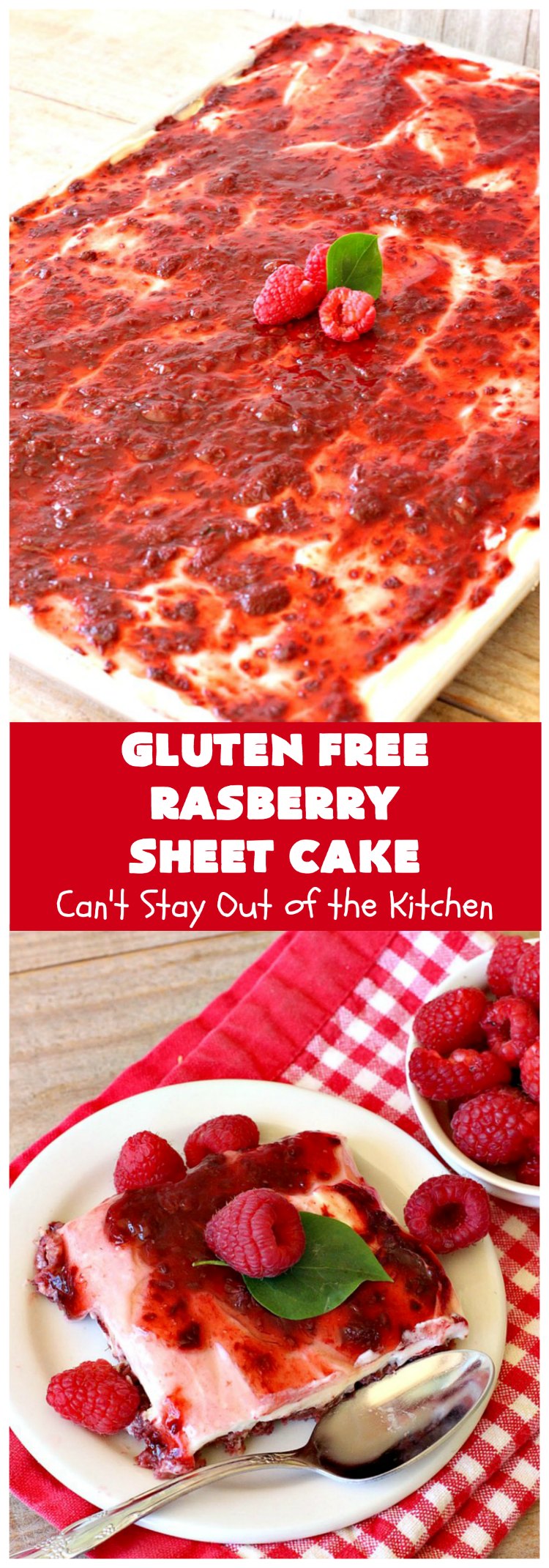 Gluten Free Raspberry Sheet Cake | Can't Stay Out of the Kitchen | this luscious #raspberry #cake will knock your socks off! It's terrific for #Christmas, #ValentinesDay or other #holidays. #Dessert #HolidayDessert #RaspberryDessert #GlutenFree #RaspberrySheetCake #GlutenFreeRaspberrySheetCake