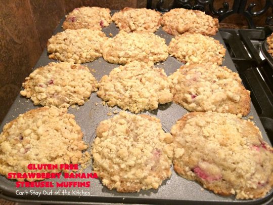 Gluten Free Strawberry Banana Streusel Muffins | Can't Stay Out of the Kitchen | these spectacular #muffins are so mouthwatering & delicious. Terrific for a #holiday #breakfast like #Christmas or #NewYearsDay. They include #strawberries, #Bananas & #GreekYogurt. They have a #streusel topping & then icing on top which makes them perfect! #GlutenFree #HolidayBreakfast #GlutenFreeStrawberryBananaStreuselMuffins