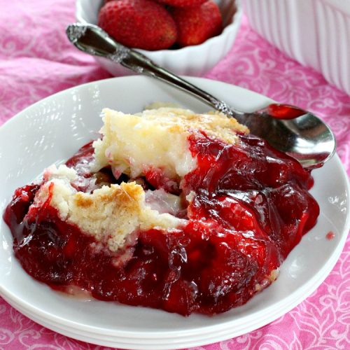 Gluten Free Strawberry Dump Cake Cobbler | Can't Stay Out of the Kitchen | easy & delicious 5-ingredient #dessert #recipe. Terrific #DumpCake for company or #holidays. #GlutenFree #cobbler #StrawberryPieFilling #GlutenFreeStrawberryDumpCakeCobbler #StrawberryCobbler #StrawberryDumpCake
