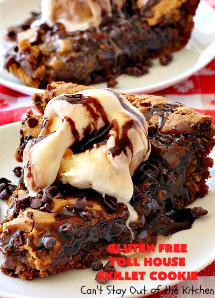 Gluten Free Toll House Skillet Cookie | Can't Stay Out of the Kitchen | this spectacular #skillet #cookie is everything you can ask for in a #dessert. It's rich, chocolaty, decadent & takes #TollHouse #cookies to the next level. Great for a #holiday #dessert like #FathersDay. This one's made with #glutenfree flour & #coconutsugar. #chocolate #chocolatechipcookies