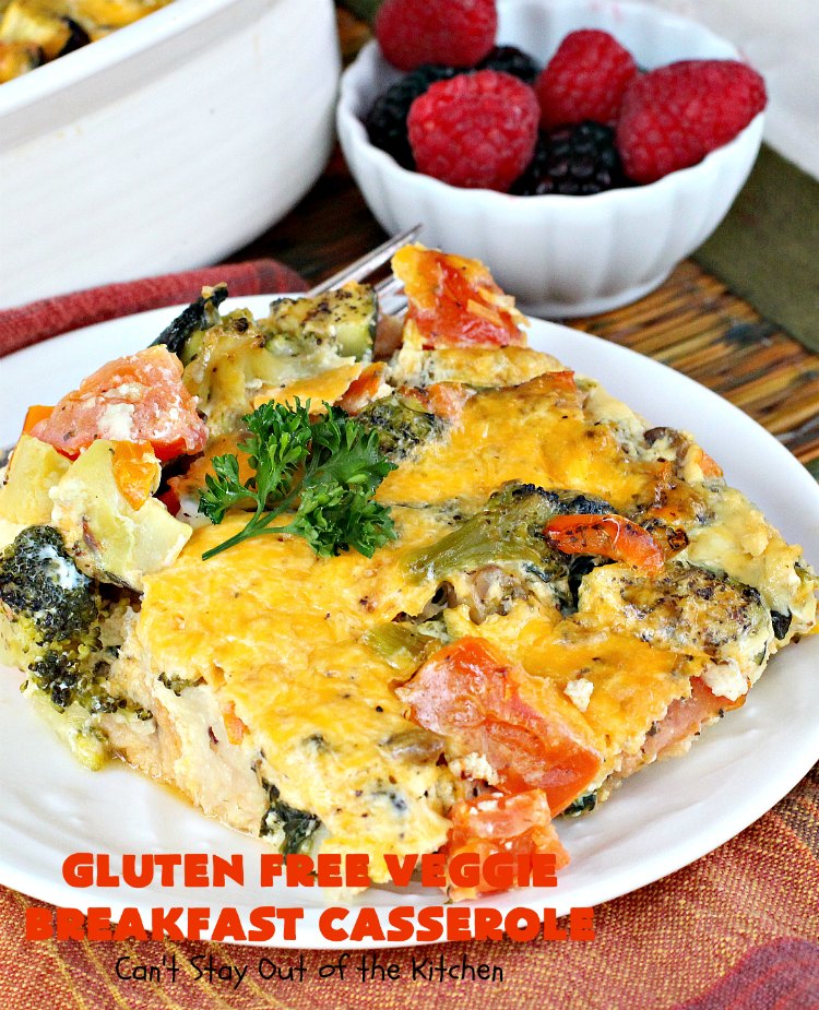 Gluten Free Veggie Breakfast Casserole | Can't Stay Out of the Kitchen | this is one fantastic #breakfast #casserole. This #healthy #glutenfree version is loaded with #veggies but NO meat. This terrific #breakfastcasserole is terrific for #holiday breakfasts like #Christmas or #NewYearsDay. #HolidayBreakfast #ChristmasBreakfast #NewYearsDayBreakfast #vegetarian #HealthyBreakfastCasserole #MeatlessMondays #VegetarianBreakfastCasserole #broccoli #spinach #tomatoes #squash #mushrooms #cheddarcheese
