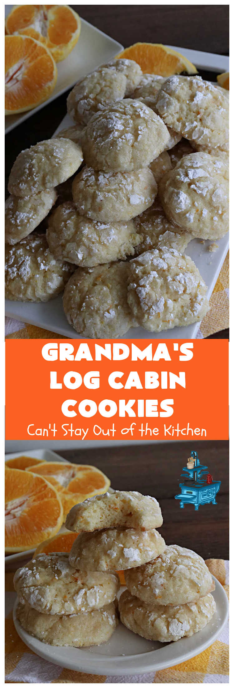 Grandma's Log Cabin Cookies | Can't Stay Out of the Kitchen | Cure your sweet tooth cravings with this vintage #cookie #recipe. It tastes like a #ShortbreadCookie since it's soft and puffy in texture. It's filled with #OrangeZest & #LemonJuice & absolutely delightful for #holiday #baking. Excellent for a #ChristmasCookieExchange, #tailgating or #Christmas parties, & sharing with family & friends. #dessert #HolidayDessert #OrangeDessert #LogCabinCookies #GrandmasLogCabinCookies 