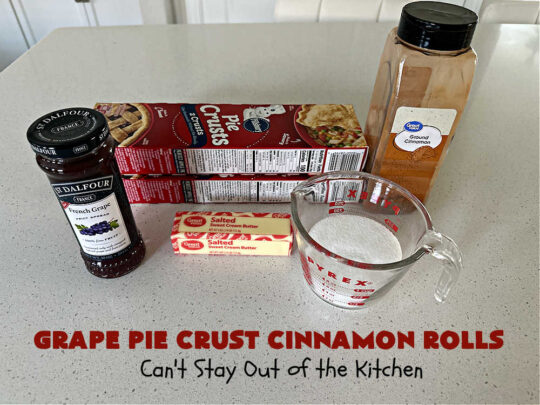 Grape Pie Crust Cinnamon Rolls | Can't Stay Out of the Kitchen | these luscious #CinnamonRolls are made with #PieCrust dough & use only #5Ingredients! #GrapeJelly & #cinnamon star in these lovely #PieCrustCinnamonRolls. Every bite will knock your socks off. Great for #breakfast, #brunch or #tailgating parties. #GrapePieCrustCinnamonRolls