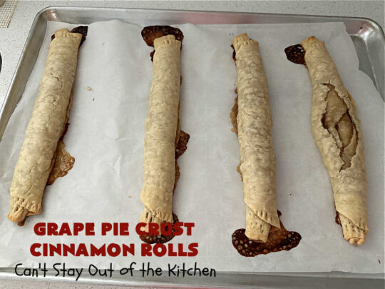 Grape Pie Crust Cinnamon Rolls | Can't Stay Out of the Kitchen | these luscious #CinnamonRolls are made with #PieCrust dough & use only #5Ingredients! #GrapeJelly & #cinnamon star in these lovely #PieCrustCinnamonRolls. Every bite will knock your socks off. Great for #breakfast, #brunch or #tailgating parties. #GrapePieCrustCinnamonRolls