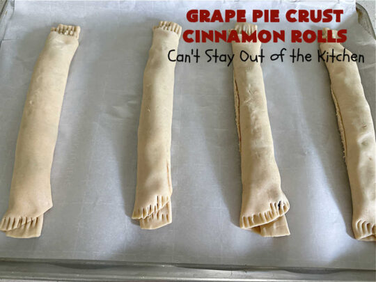 Grape Pie Crust Cinnamon Rolls | Can't Stay Out of the Kitchen | these luscious #CinnamonRolls are made with #PieCrust dough & use only #5Ingredients! #GrapeJelly & #cinnamon star in these lovely #PieCrustCinnamonRolls. Every bite will knock your socks off. Great for #breakfast, #brunch or #tailgating parties. #GrapePieCrustCinnamonRolls