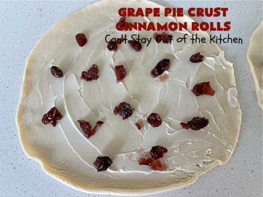 Grape Pie Crust Cinnamon Rolls | Can't Stay Out of the Kitchen | these luscious #CinnamonRolls are made with #PieCrust dough & use only #5Ingredients! #GrapeJelly & #cinnamon star in these lovely #PieCrustCinnamonRolls. Every bite will knock your socks off. Great for #breakfast, #brunch or #tailgating parties. #GrapePieCrustCinnamonRolls