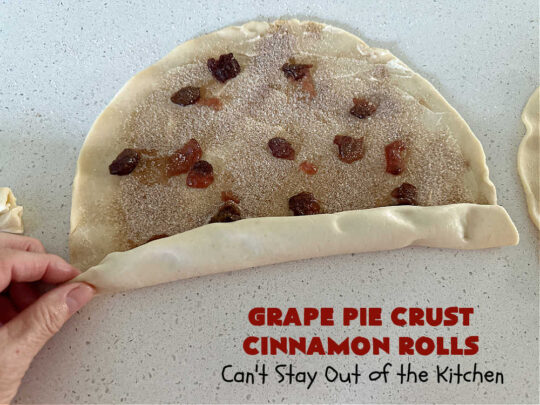 Grape Pie Crust Cinnamon Rolls | Can't Stay Out of the Kitchen | these luscious #CinnamonRolls are made with #PieCrust dough & use only #5Ingredients! #GrapeJelly & #cinnamon star in these lovely #PieCrustCinnamonRolls. Every bite will knock your socks off. Great for #breakfast, #brunch or #tailgating parties. #GrapePieCrustCinnamonRolls