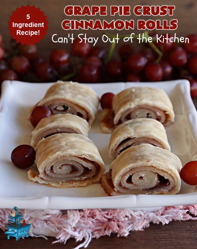 Grape Pie Crust Cinnamon Rolls | Can't Stay Out of the Kitchen | these luscious #CinnamonRolls are made with #PieCrust dough & use only #5Ingredients! #GrapeJelly & #cinnamon star in these lovely #PieCrustCinnamonRolls. Every bite will knock your socks off. Great for #breakfast, #brunch or #tailgating parties. #GrapePieCrustCinnamonRolls
