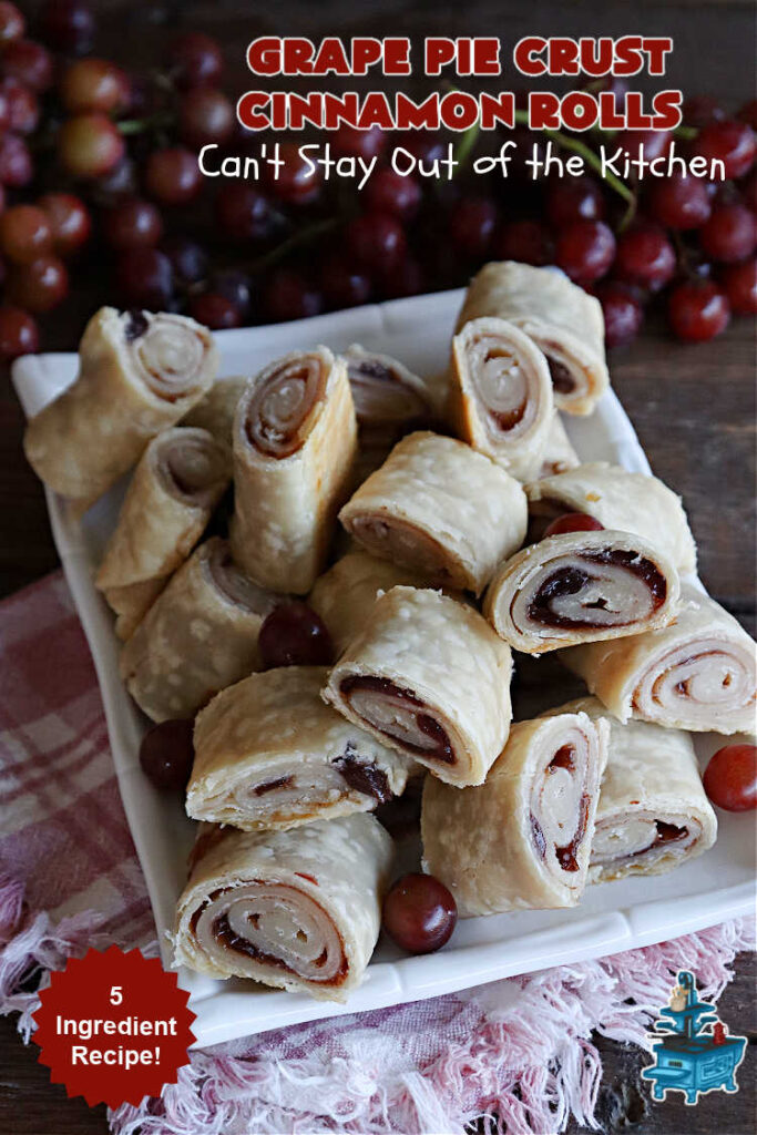 Grape Pie Crust Cinnamon Rolls | Can't Stay Out of the Kitchen | these luscious #CinnamonRolls are made with #PieCrust dough & use only #5Ingredients! #GrapeJelly & #cinnamon star in these lovely #PieCrustCinnamonRolls. Every bite will knock your socks off. Great for #breakfast, #brunch or #tailgating parties. #GrapePieCrustCinnamonRolls