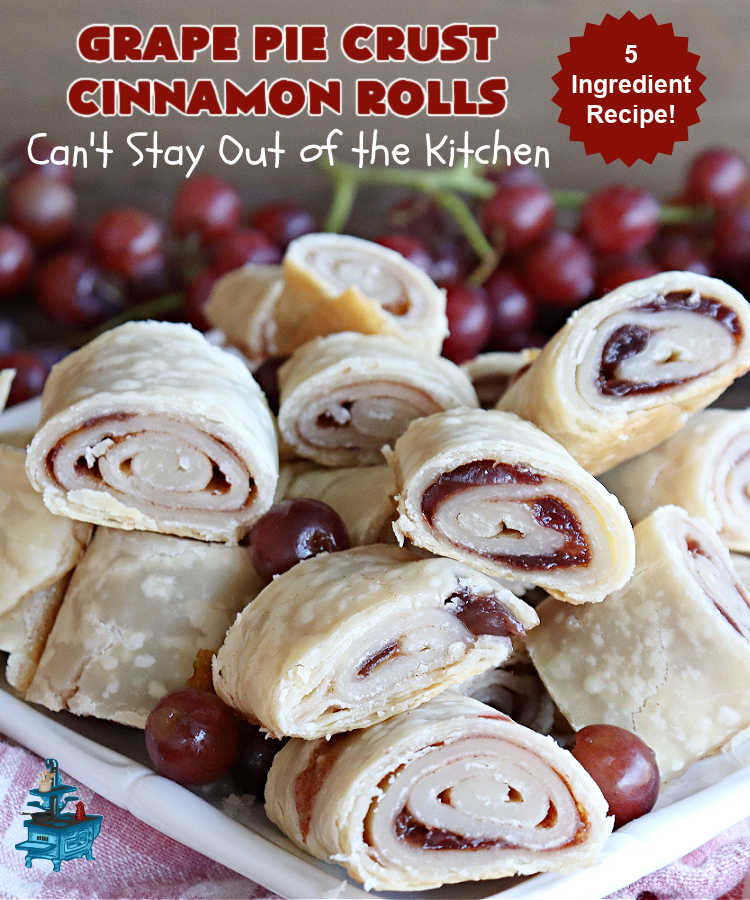 Grape Pie Crust Cinnamon Rolls | Can't Stay Out of the Kitchen | these luscious #CinnamonRolls are made with #PieCrust dough & use only #5Ingredients! #GrapeJelly & #cinnamon star in these lovely #PieCrustCinnamonRolls. Every bite will knock your socks off. Great for #breakfast, #brunch or #tailgating parties. #GrapePieCrustCinnamonRolls