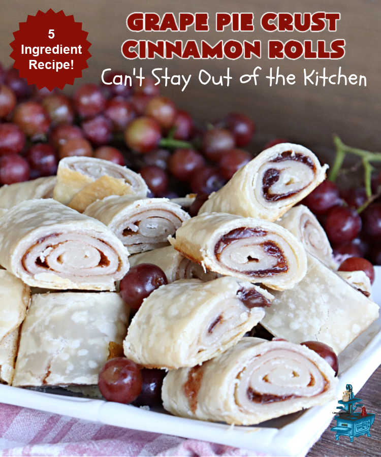 Grape Pie Crust Cinnamon Rolls | Can't Stay Out of the Kitchen | these luscious #CinnamonRolls are made with #PieCrust dough & use only #5Ingredients! #GrapeJelly & #cinnamon star in these lovely #PieCrustCinnamonRolls. Every bite will knock your socks off. Great for #breakfast, #brunch or #tailgating parties. #GrapePieCrustCinnamonRolls