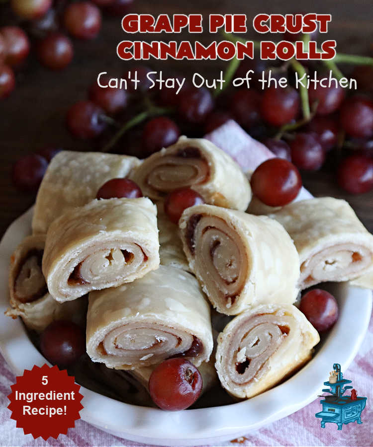 Grape Pie Crust Cinnamon Rolls | Can't Stay Out of the Kitchen | these luscious #CinnamonRolls are made with #PieCrust dough & use only #5Ingredients! #GrapeJelly & #cinnamon star in these lovely #PieCrustCinnamonRolls. Every bite will knock your socks off. Great for #breakfast, #brunch or #tailgating parties. #GrapePieCrustCinnamonRolls
