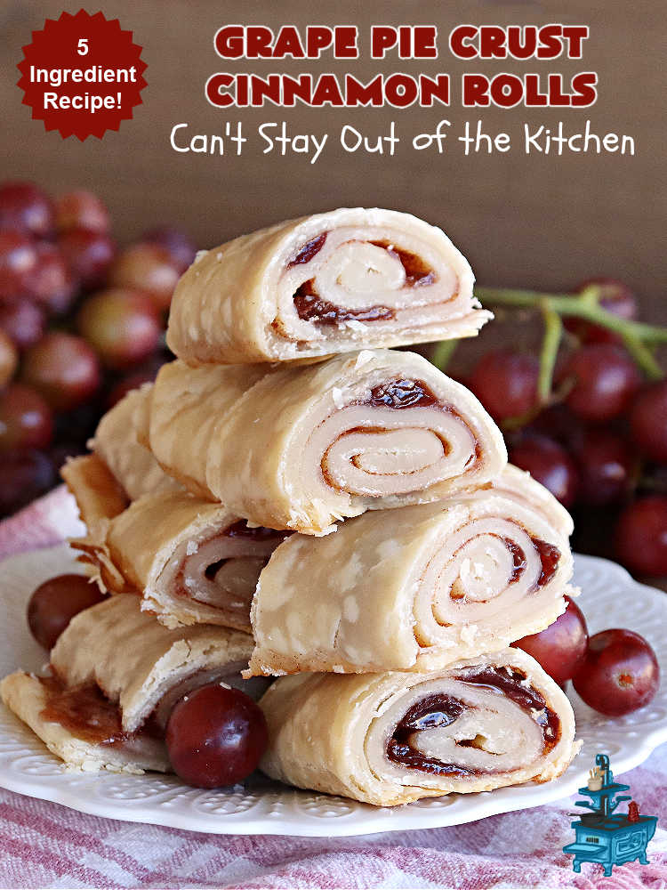 Grape Pie Crust Cinnamon Rolls | Can't Stay Out of the Kitchen | these luscious #CinnamonRolls are made with #PieCrust dough & use only #5Ingredients! #GrapeJelly & #cinnamon star in these lovely #PieCrustCinnamonRolls. Every bite will knock your socks off. Great for #breakfast, #brunch or #tailgating parties. #GrapePieCrustCinnamonRolls
