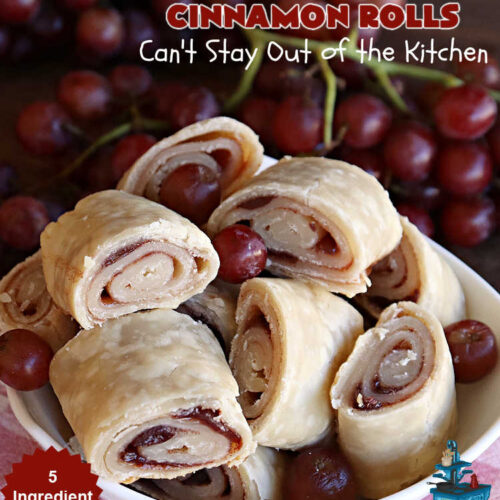 Grape Pie Crust Cinnamon Rolls | Can't Stay Out of the Kitchen | these luscious #CinnamonRolls are made with #PieCrust dough & use only #5Ingredients! #GrapeJelly & #cinnamon star in these lovely #PieCrustCinnamonRolls. Every bite will knock your socks off. Great for #breakfast, #brunch or #tailgating parties. #GrapePieCrustCinnamonRolls