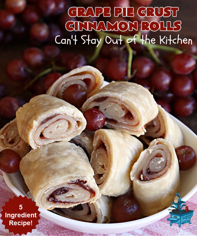 Grape Pie Crust Cinnamon Rolls | Can't Stay Out of the Kitchen | these luscious #CinnamonRolls are made with #PieCrust dough & use only #5Ingredients! #GrapeJelly & #cinnamon star in these lovely #PieCrustCinnamonRolls. Every bite will knock your socks off. Great for #breakfast, #brunch or #tailgating parties. #GrapePieCrustCinnamonRolls