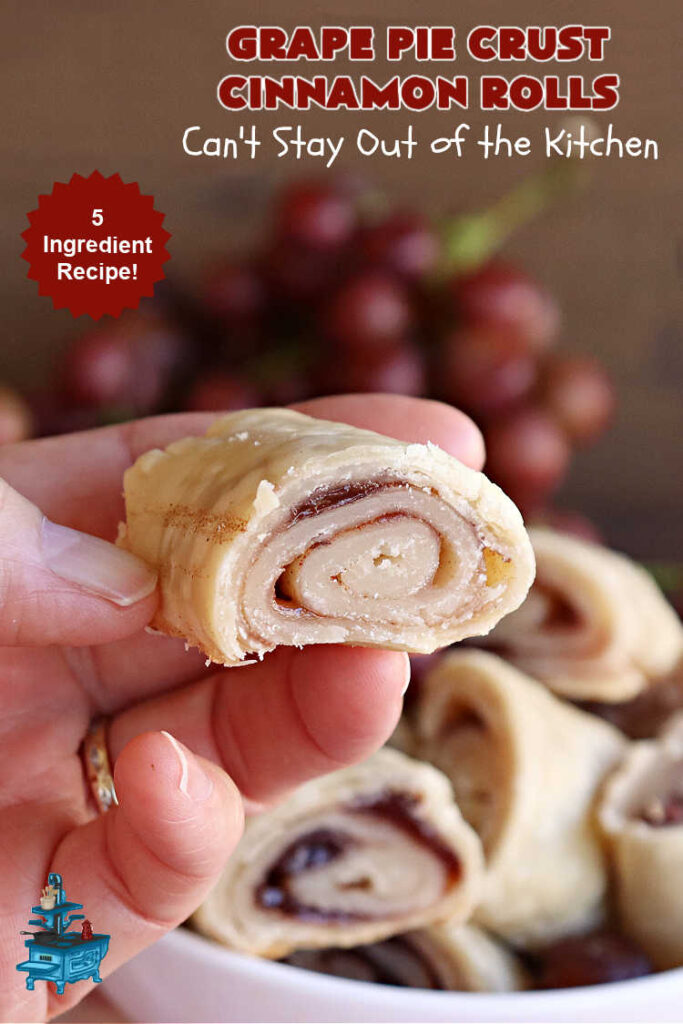 Grape Pie Crust Cinnamon Rolls | Can't Stay Out of the Kitchen | these luscious #CinnamonRolls are made with #PieCrust dough & use only #5Ingredients! #GrapeJelly & #cinnamon star in these lovely #PieCrustCinnamonRolls. Every bite will knock your socks off. Great for #breakfast, #brunch or #tailgating parties. #GrapePieCrustCinnamonRollsGrape Pie Crust Cinnamon Rolls | Can't Stay Out of the Kitchen | these luscious #CinnamonRolls are made with #PieCrust dough & use only #5Ingredients! #GrapeJelly & #cinnamon star in these lovely #PieCrustCinnamonRolls. Every bite will knock your socks off. Great for #breakfast, #brunch or #tailgating parties. #GrapePieCrustCinnamonRolls