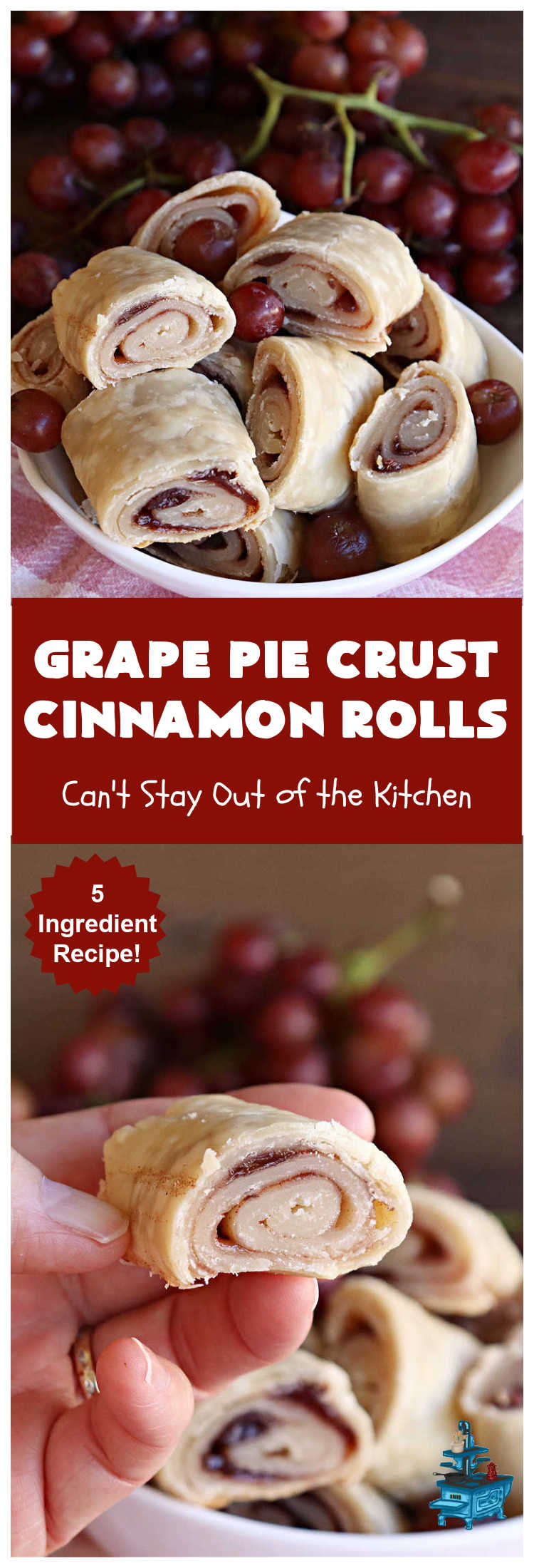 Grape Pie Crust Cinnamon Rolls | Can't Stay Out of the Kitchen | these luscious #CinnamonRolls are made with #PieCrust dough & use only #5Ingredients! #GrapeJelly & #cinnamon star in these lovely #PieCrustCinnamonRolls. Every bite will knock your socks off. Great for #breakfast, #brunch or #tailgating parties. #GrapePieCrustCinnamonRolls