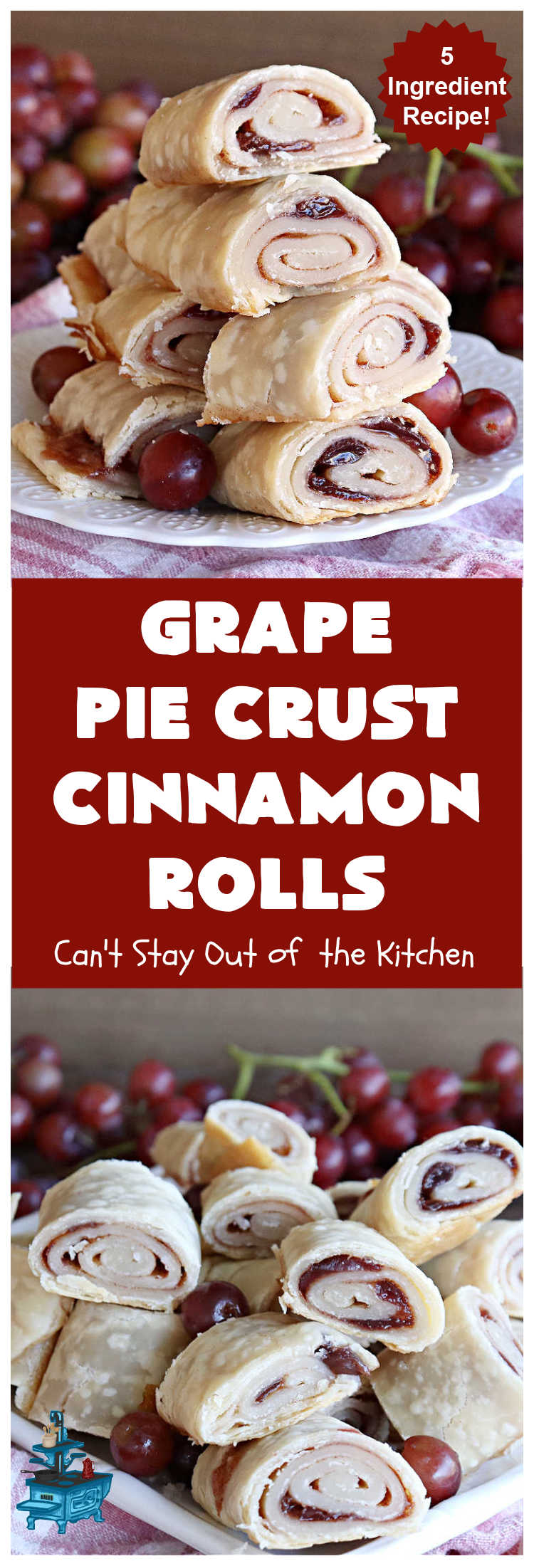 Grape Pie Crust Cinnamon Rolls | Can't Stay Out of the Kitchen | these luscious #CinnamonRolls are made with #PieCrust dough & use only #5Ingredients! #GrapeJelly & #cinnamon star in these lovely #PieCrustCinnamonRolls. Every bite will knock your socks off. Great for #breakfast, #brunch or #tailgating parties. #GrapePieCrustCinnamonRolls