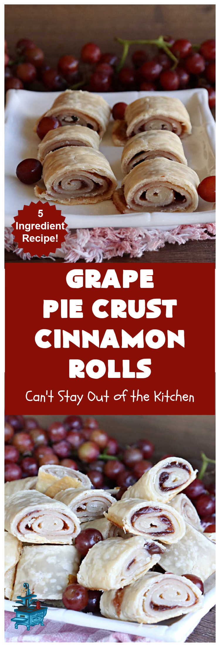 Grape Pie Crust Cinnamon Rolls | Can't Stay Out of the Kitchen | these luscious #CinnamonRolls are made with #PieCrust dough & use only #5Ingredients! #GrapeJelly & #cinnamon star in these lovely #PieCrustCinnamonRolls. Every bite will knock your socks off. Great for #breakfast, #brunch or #tailgating parties. #GrapePieCrustCinnamonRolls