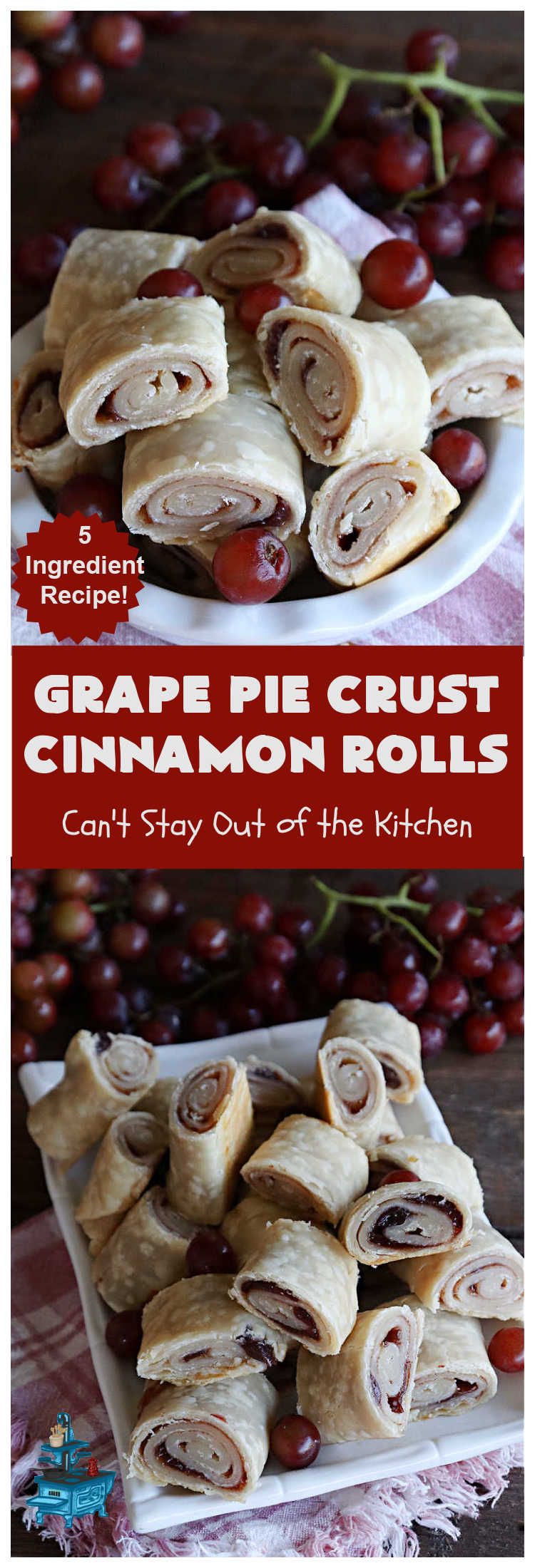 Grape Pie Crust Cinnamon Rolls | Can't Stay Out of the Kitchen | these luscious #CinnamonRolls are made with #PieCrust dough & use only #5Ingredients! #GrapeJelly & #cinnamon star in these lovely #PieCrustCinnamonRolls. Every bite will knock your socks off. Great for #breakfast, #brunch or #tailgating parties. #GrapePieCrustCinnamonRolls