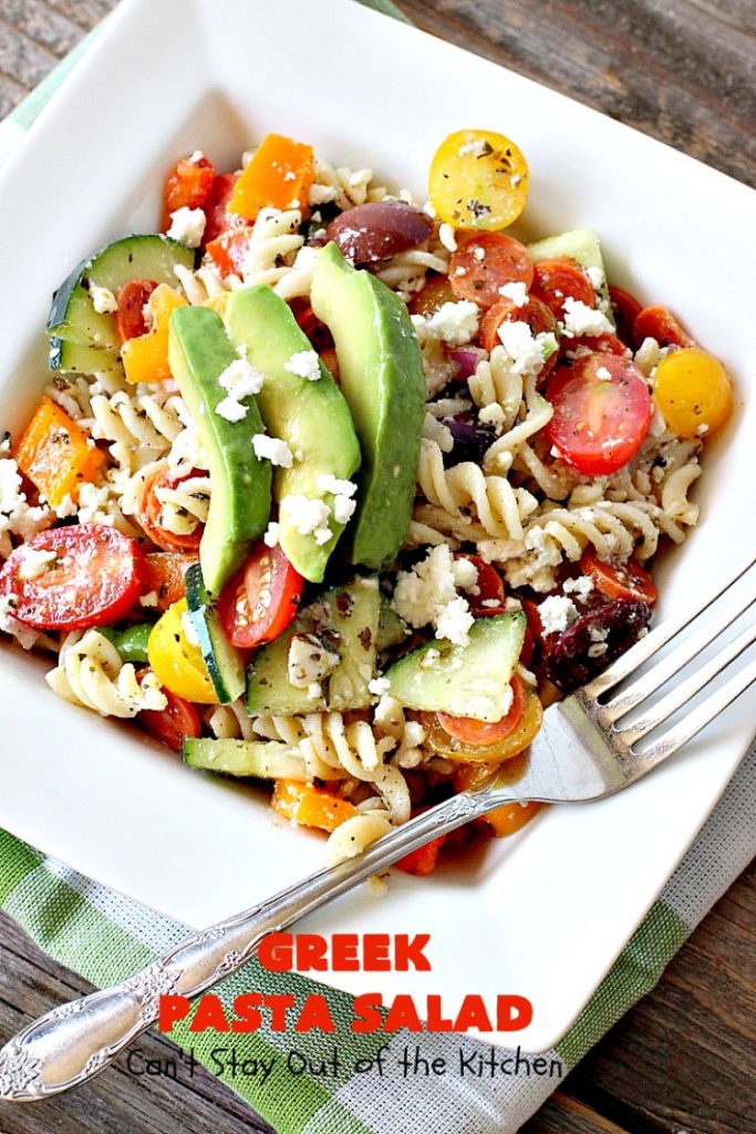 Greek Pasta Salad | Can't Stay Out of the Kitchen | my favorite #pasta #salad. This one has a #Greek flair with #pepperoni #olives #avocados & #fetacheese. I used #glutenfree noodles. Absolutely amazing!