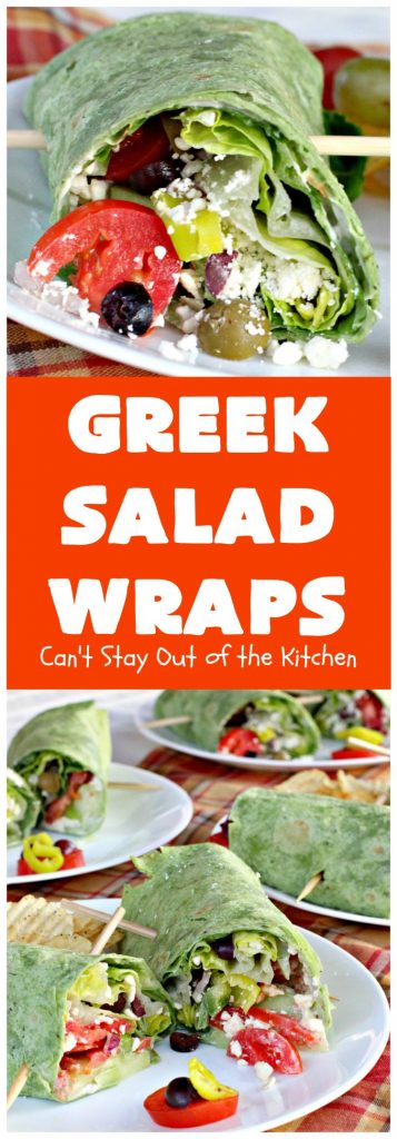 Greek Salad Wraps | Can't Stay Out of the Kitchen | these outrageous #Wraps have all the deliciousness of #GreekSalad but wrapped up like a #sandwich. They are absolutely heavenly & a terrific way to get our kids to eat more veggies! #tailgating #FetaCheese #KalamataOlives #Tomatoes #pepperocini #GreekSaladWraps #MeatlessMonday #Vegetarian #salad #GreekSaladSandwiches