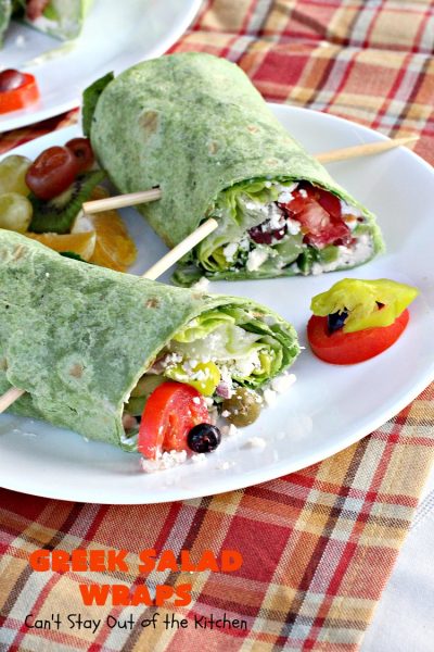 Greek Salad Wraps | Can't Stay Out of the Kitchen | these outrageous #Wraps have all the deliciousness of #GreekSalad but wrapped up like a #sandwich. They are absolutely heavenly & a terrific way to get our kids to eat more veggies! #tailgating #FetaCheese #KalamataOlives #Tomatoes #pepperocini #GreekSaladWraps #MeatlessMonday #Vegetarian #salad #GreekSaladSandwiches