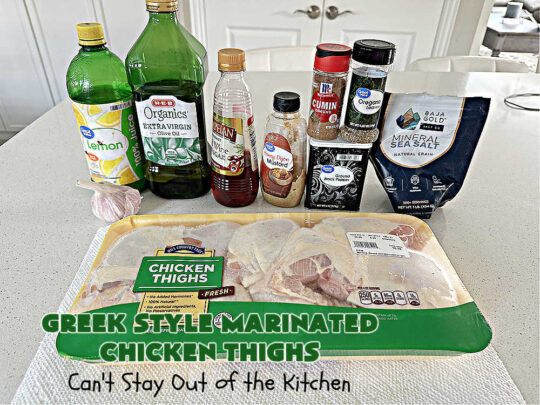 Greek Style Marinated Chicken Thighs | Can't Stay Out of the Kitchen | this incredibly easy #marinade can be whipped up in about 5 minutes. Refrigerate the #chicken overnight & then toss on the #grill. This delicious #GreekStyle #recipe is lick-chomping good! Terrific for #BackyardBarbecues or #grilling out with friends. #GlutenFree #chicken #Greek #ChickenThighs #GreekStyleMarinatedChickenThighs