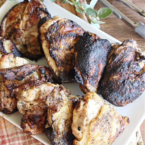 Greek Style Marinated Chicken Thighs | Can't Stay Out of the Kitchen | this incredibly easy #marinade can be whipped up in about 5 minutes. Refrigerate the #chicken overnight & then toss on the #grill. This delicious #GreekStyle #recipe is lick-chomping good! Terrific for #BackyardBarbecues or #grilling out with friends. #GlutenFree #chicken #Greek #ChickenThighs #GreekStyleMarinatedChickenThighs